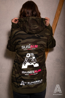 Backprint: Susi Alm, Alpenwelt und Hannes Alm Logo