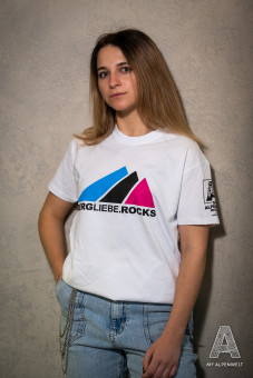 White T-shirt with Bergliebe.Rocks logo on the front and My Alpenwelt Resort logo on the left sleeve