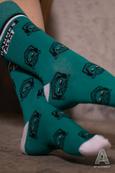 Petrol-colored socks with Hannes Alm logo